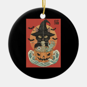 Black cat eats Japanese ramen for Halloween Ceramic Tree Decoration