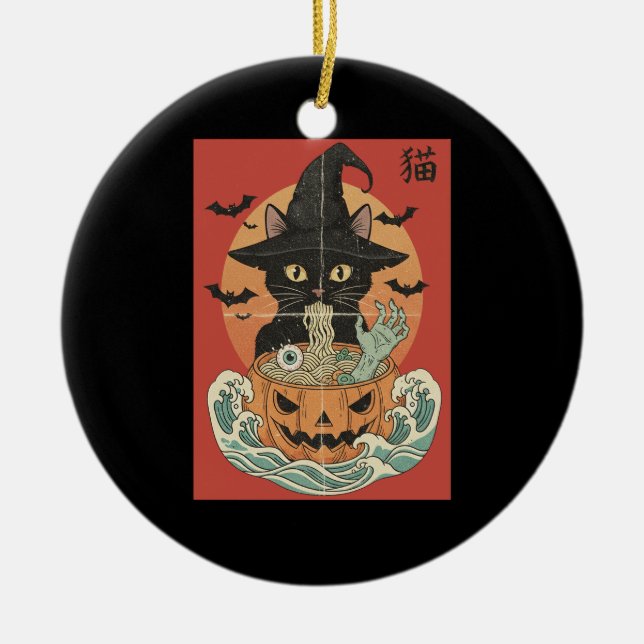 Black cat eats Japanese ramen for Halloween Ceramic Tree Decoration (Front)