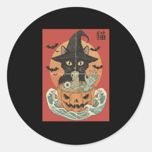Black cat eats Japanese ramen for Halloween Classic Round Sticker
