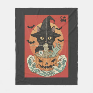 Black cat eats Japanese ramen for Halloween Fleece Blanket