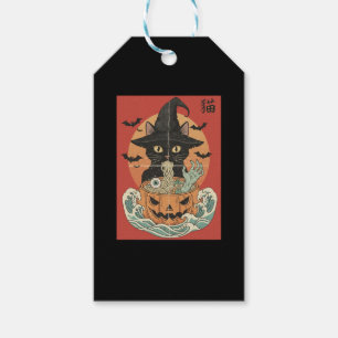 Black cat eats Japanese ramen for Halloween Gift Tags