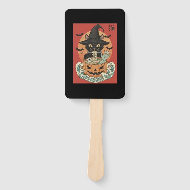Black cat eats Japanese ramen for Halloween Hand Fan (Front)