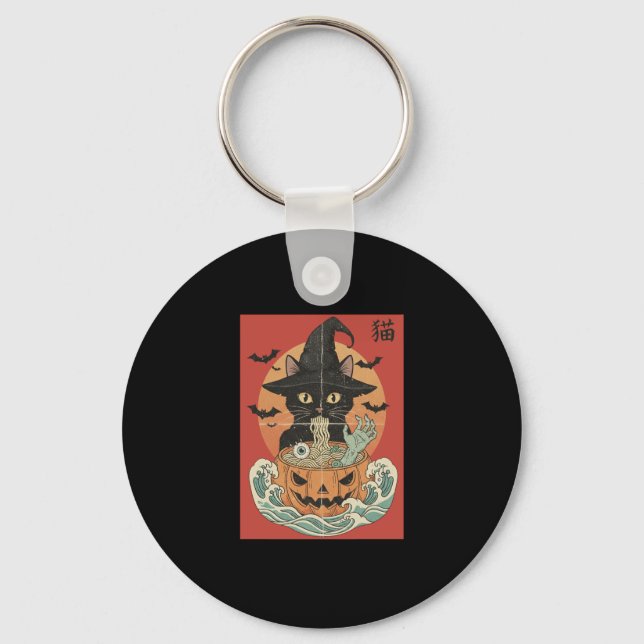Black cat eats Japanese ramen for Halloween Key Ring (Front)