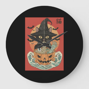 Black cat eats Japanese ramen for Halloween Large Clock