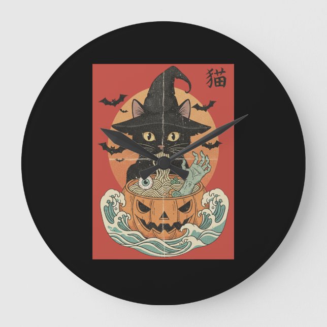 Black cat eats Japanese ramen for Halloween Large Clock (Front)