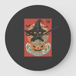 Black cat eats Japanese ramen for Halloween Large Clock