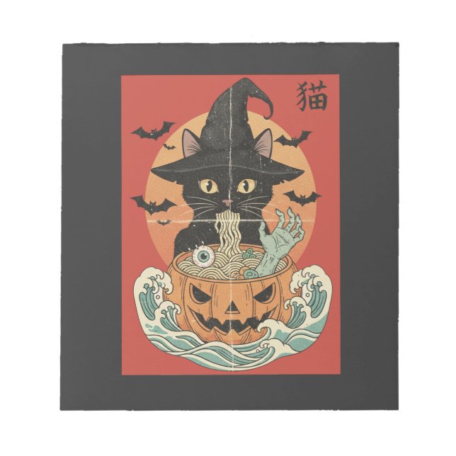 Black cat eats Japanese ramen for Halloween Notepad (Front)