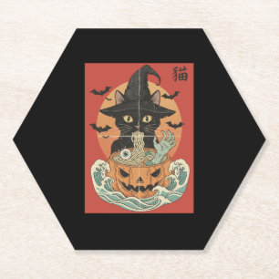 Black cat eats Japanese ramen for Halloween Paper Coaster