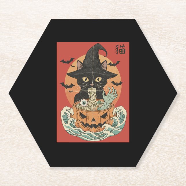 Black cat eats Japanese ramen for Halloween Paper Coaster (Front)