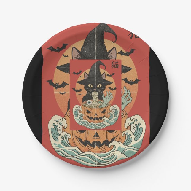 Black cat eats Japanese ramen for Halloween Paper Plate (Front)