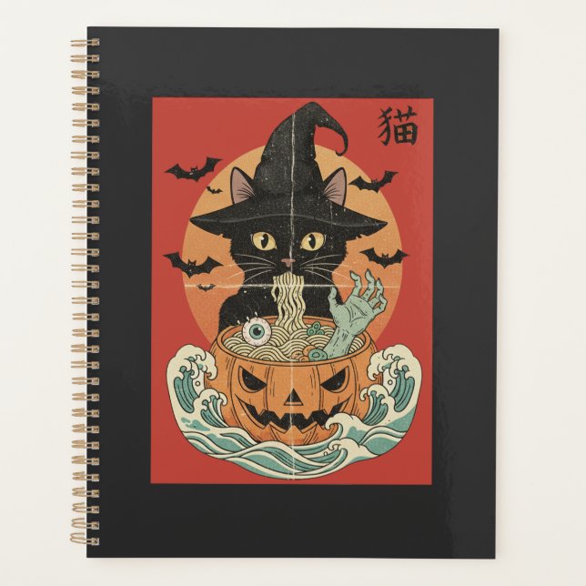 Black cat eats Japanese ramen for Halloween Planner (Front)