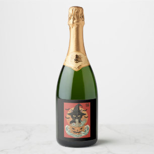 Black cat eats Japanese ramen for Halloween Sparkling Wine Label