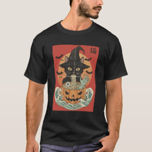 Black cat eats Japanese ramen for Halloween T-Shirt