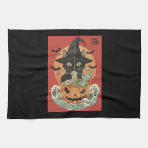 Black cat eats Japanese ramen for Halloween Tea Towel
