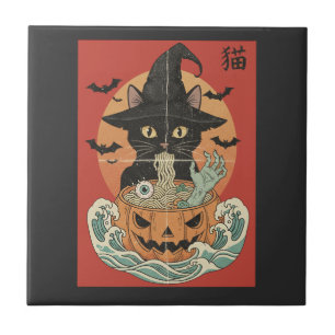 Black cat eats Japanese ramen for Halloween Tile