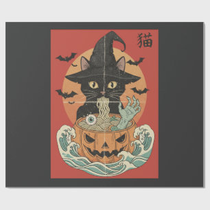 Black cat eats Japanese ramen for Halloween Wrapping Paper
