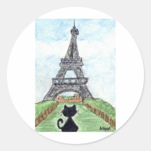 BLACK CAT EIFFEL TOWER CLASSIC ROUND STICKER