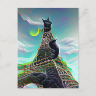 Black Cat Eiffel Tower Surreal Twilight Paris Moon Postcard