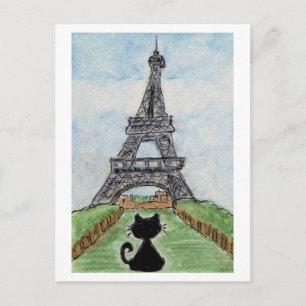 Black Cat Eiffel Tower Watercolour postcard
