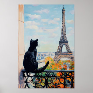 Black cat enjoying the view of the Eiffel Tower Poster