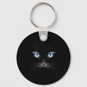 Black Cat Face Blue Eyes Sparkle Lashes Glamourous Key Ring