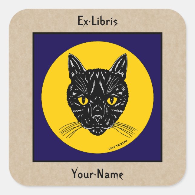 Black Cat Face Bookplate Square Sticker (Front)