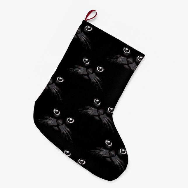 Black Cat Face Pattern Large Christmas Stocking (Front (Hanging))