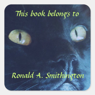 Black Cat Face Personalised Bookplate Square Sticker