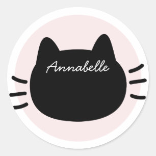 Black Cat Face Pink Name Classic Round Sticker