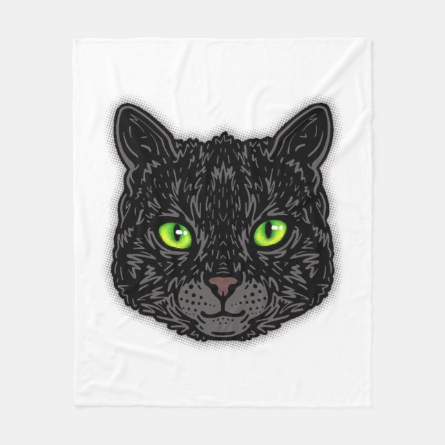 Black Cat Face With Green Eyes Trendy Animal Fleece Blanket (Front)