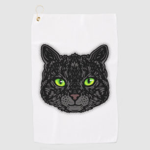 Black Cat Face With Green Eyes Trendy Animal Golf Towel