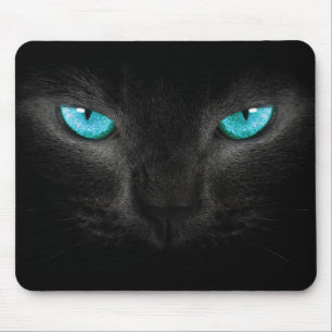 Black Cat Face with Turquoise Eyes Mouse Mat