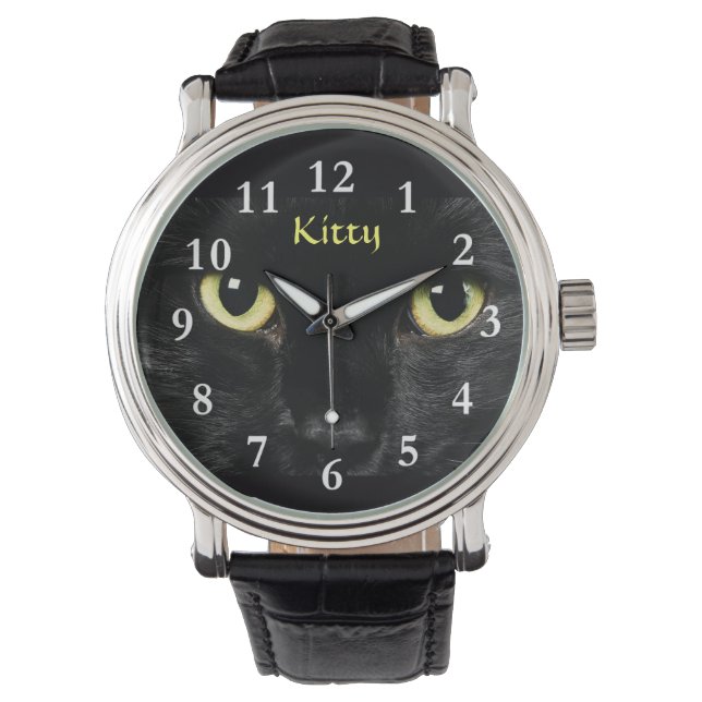 Black Cat Face Wrist Watch Black Vintage Leather (Front)
