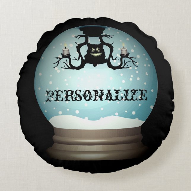 Black cat fall chandelier autumn snow globe round cushion (Front)