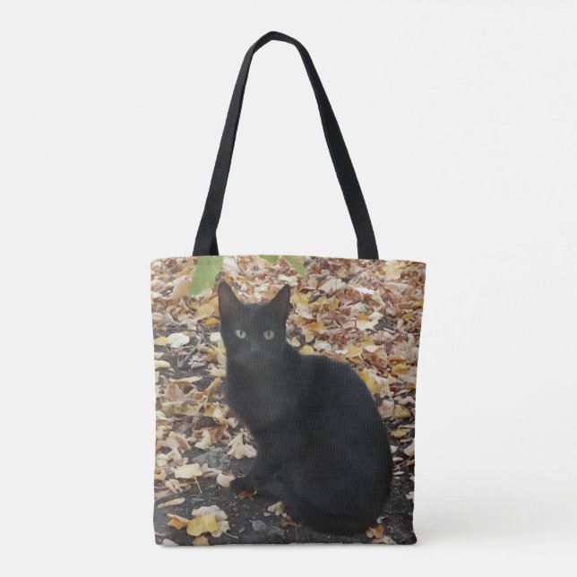 Black Cat Fall leaves Photography  Tote Bag (Back)