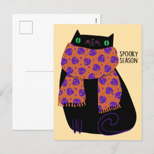 Black Cat Fall Season Halloween Spooky Cute Holiday Postcard