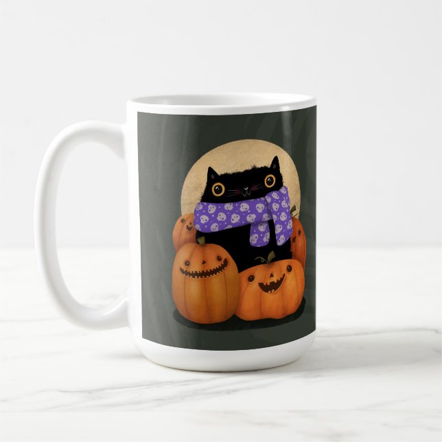 Black Cat Fall Season Happy Halloween Coffee Mug (Left)