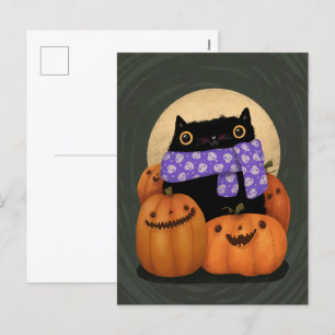 Black Cat Fall Season Happy Halloween Holiday Postcard