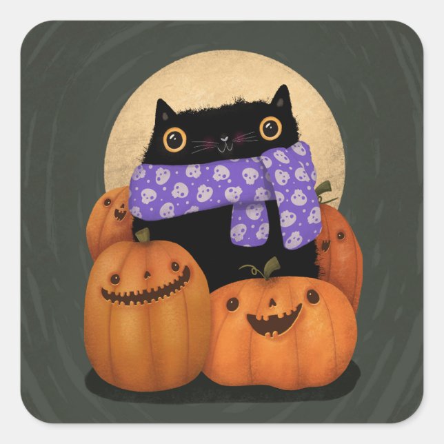 Black Cat Fall Season Happy Halloween Square Sticker (Front)