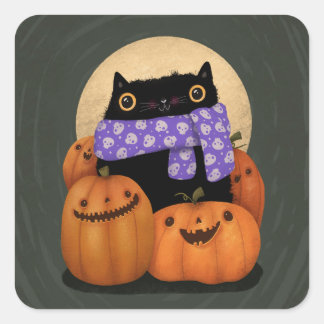 Black Cat Fall Season Happy Halloween Square Sticker