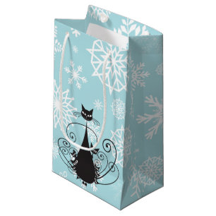 Black Cat Family White Snowflakes on Blue Gift Bag