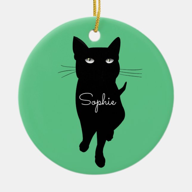 Black cat feline personalised name gift ceramic tree decoration (Front)