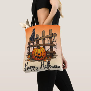Black Cat Fence Jack-O' Lantern Orange Halloween Tote Bag