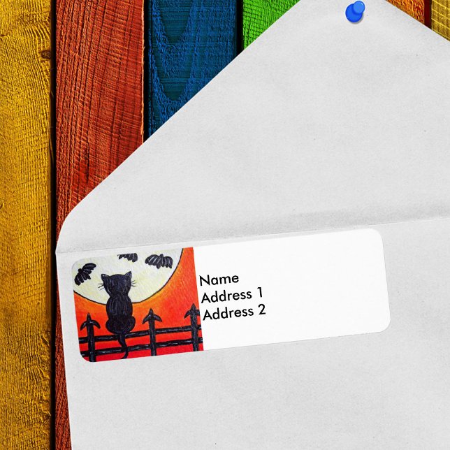 Black Cat Fence Moon Bats (Black cat on fence watching bats in full moon on orange return address labels.)