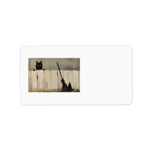 Black Cat Fence Witch's Broom Hat Label
