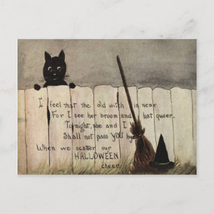 Black Cat Fence Witch's Broom Hat Postcard