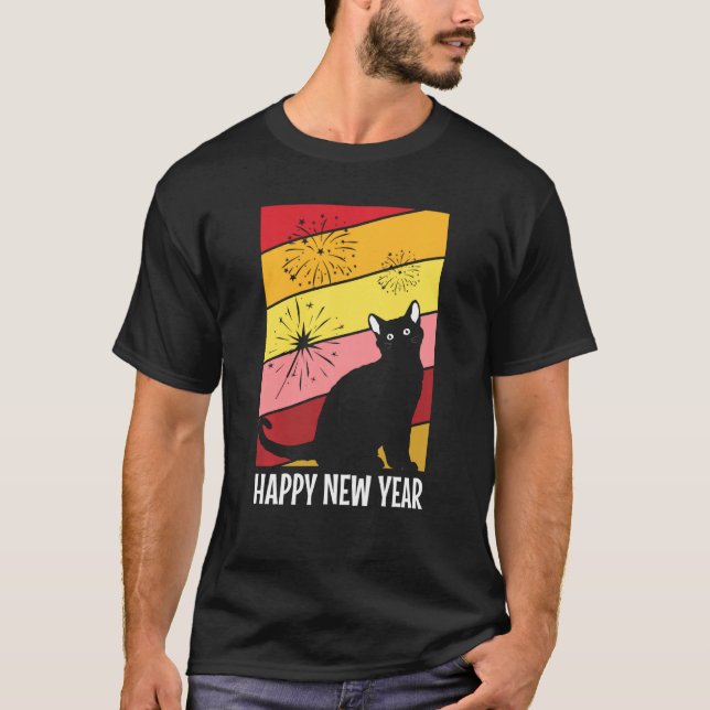 Black Cat Fireworks Happy New Years Eve Party Paja T-Shirt (Front)