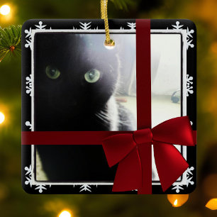 Black Cat First Christmas Pet Photo Frame Red Bow Ceramic Tree Decoration