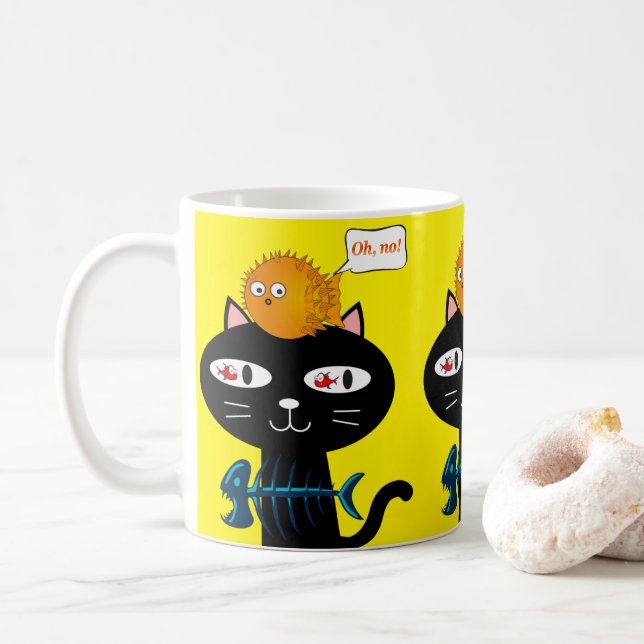 Black Cat Fishbones Yellow Mug (With Donut)