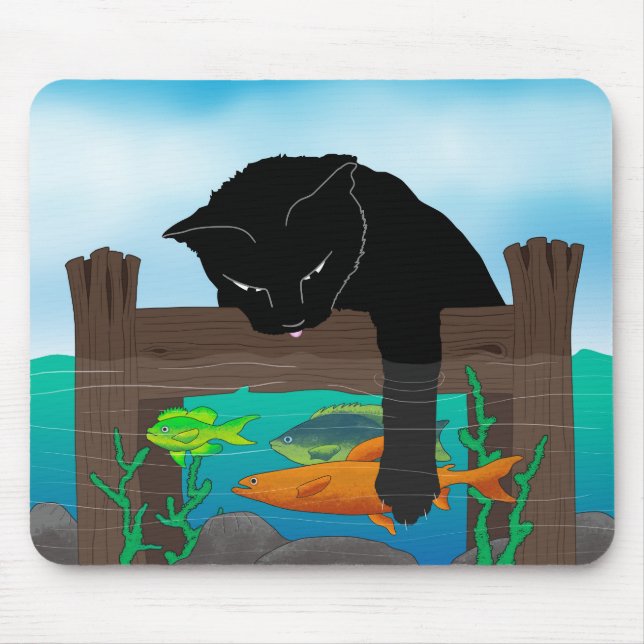 Black cat fishing mouse mat (Front)